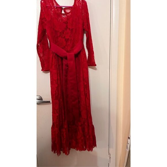 Girls Lace Long Sleeves Scoop Neck Belted Pullover Long Maxi Dress Red Sz 8-9Y - Picture 2 of 10